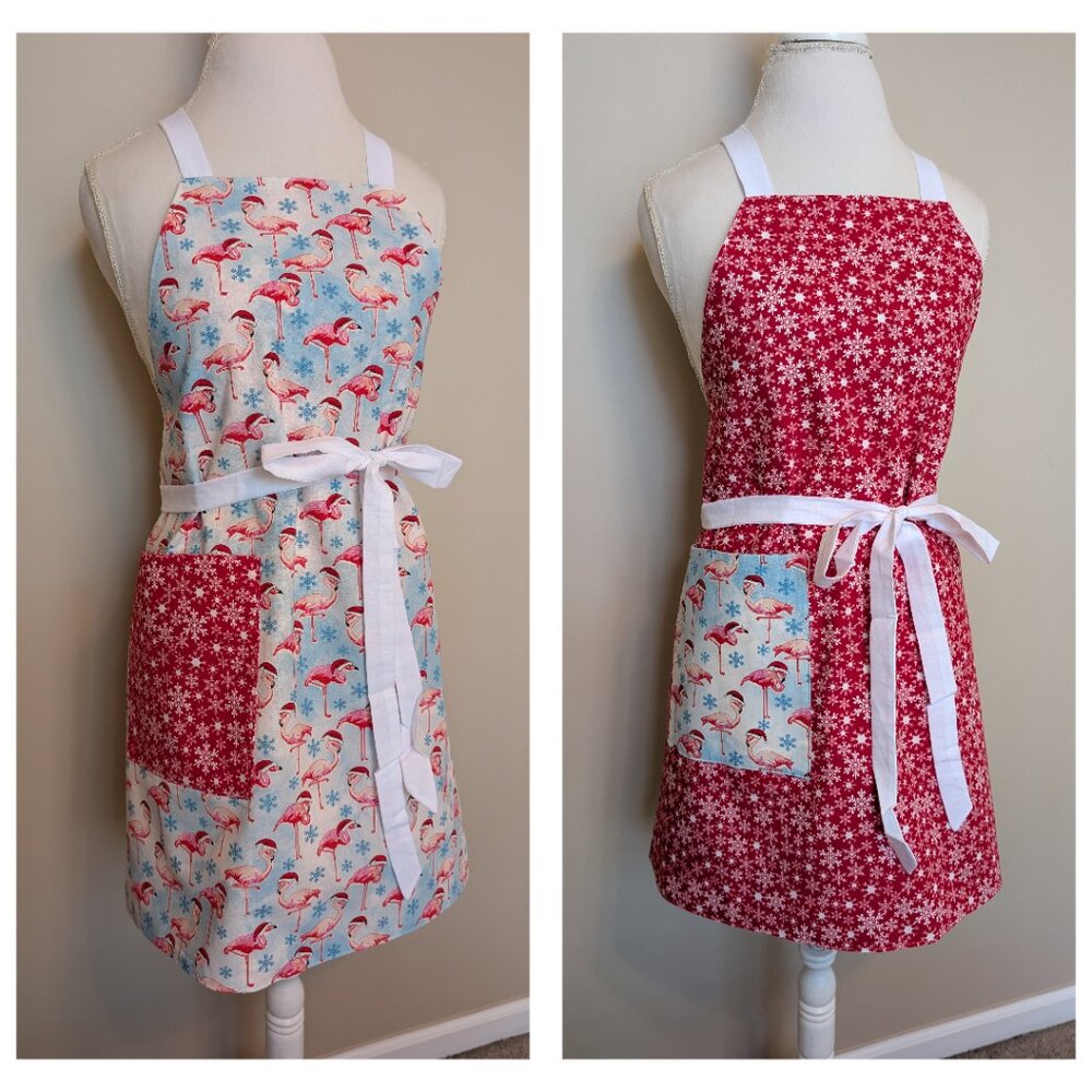 NWT Handmade Reversible Apron - Christmas flamingos and snowflakes One Size OOAK
